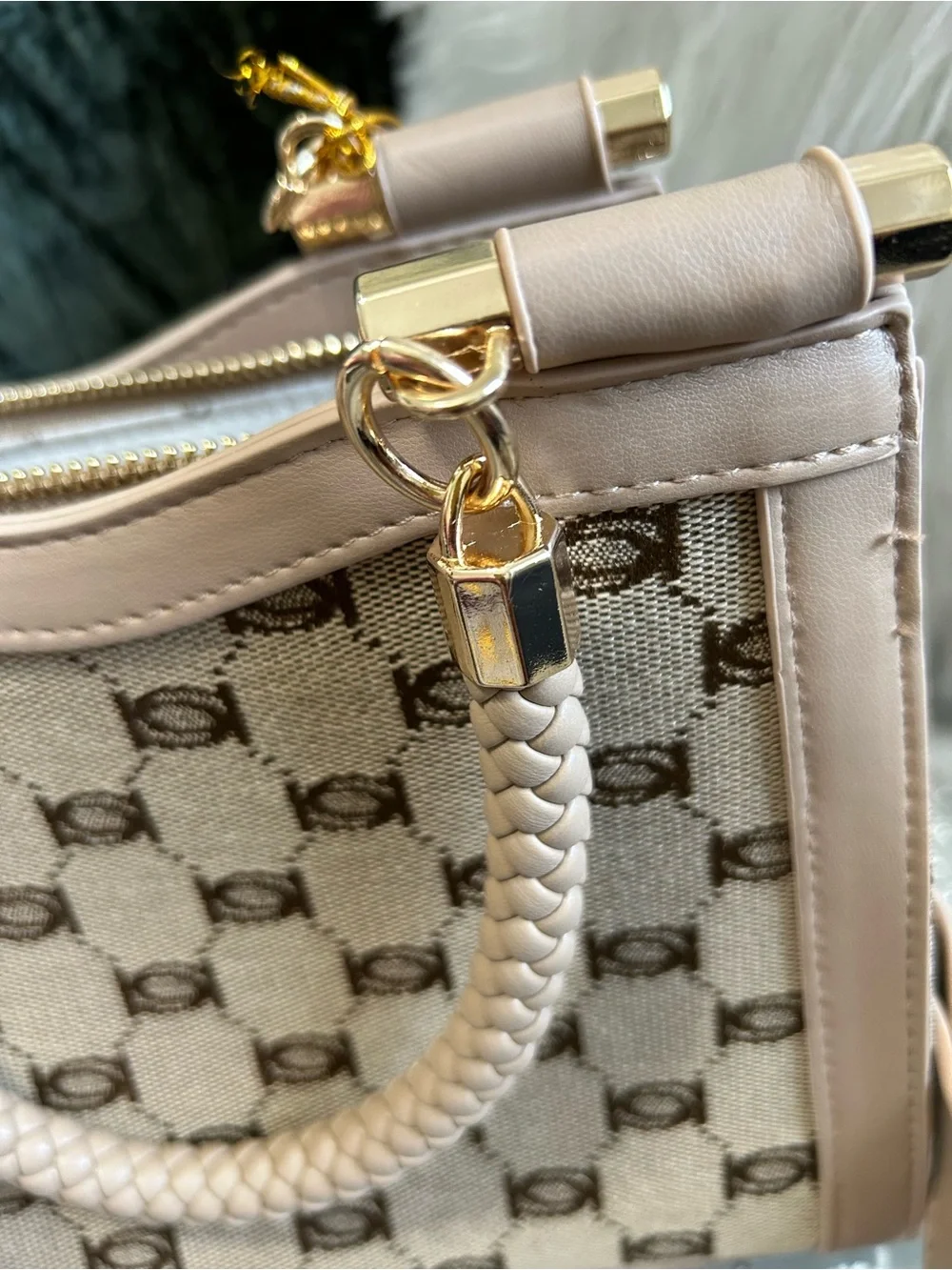 NWT Bebe Celia Beige Tan Logo Jacquard Braided-Handle Mini-Satchel